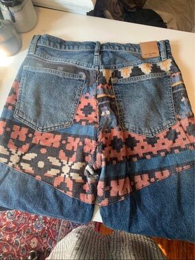 We The Free Denim Straight Leg Jeans with Coral & Navy Patchwork